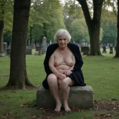 Auf einem Friedhof bei Nacht in hellem Mondschein, eine sehr alte grauhaarige 80jährige Frau mit schwarzem Rock, sitzt oben ohne auf einer parkbank im Friedhof, sie streichelt ihre großen, massiven, dicken, hängenden Brüste. Hinter ihr steht der durchsichtige Geist eines alten nackten 70-jährigen Mannes der sich an seinem Penis spielt