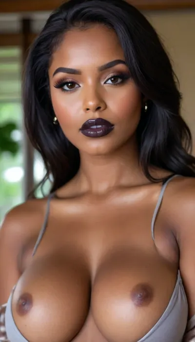 Insanely detailed photo of an 28 years old latin woman, dark skin woman, ((curvy body)), Close-up girl, ((round face)), (((brown skin))), (((full lips))), (((grey lipstick))), small cute nose, standing, face, (((round medium breasts))), (((straight hair))), (((long black straight flat hair))), (((oiled skin))), (detailed black eyes), (((slut makeup))), round earrings, necklace, long big thick, (high resolution image), (perfect face), sexy, beauty, (ultra realistic:1.7), (maximum quality:1.5), (high resolution:1.7), (extreme detail:1.5), (ultra realism:1.6), 8k, he, photo was taken by Canon Eos, (maximum detailed skin:1.6), (((I was offended))), melanin, <lora:BUT_SDXL_SHS:.8>, <lora:melanin-XL:2>