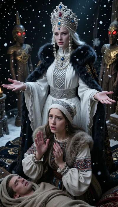 A masterpiece, of the highest quality, in the “dark fantasy” style, on a monumental scale. In the foreground is a mortal Slavic woman, kneeling in deep sorrow, dressed in an antique traditional folk costume, a patterned linen shirt, a heavy woolen coat, and a headdress known as a povoynik. Her hands are raised to her chest in a desperate gesture of supplication, and a tear rolls down her cheek. Before her lies the body of the deceased, wrapped in a traditional shroud. Morana, the ancient Slavic goddess of night, winter, and death, towers majestically above them, accepting their prayer. Morana is a monumental figure with pale skin, wearing a snow-white, heavy gown with silver geometric embroidery and long, flowing sleeves, as well as a rich dark cloak trimmed with thick dark fur. On her head she wears a magnificent kokoshnik, adorned with precious stones and long strands of pearls framing her face. Morana’s hands are raised to her waist, palms facing upward, as she accepts the prayer of a mortal woman. Heavy snowflakes fall slowly from the dark, starless sky. In the background, ancient wooden pagan idols with glowing red eyes are visible—the guardians of the entrance to Nav.