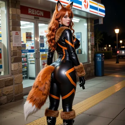 highly detailed photorealistic photograph of a young woman with long wavy bright red hair cascading down her back, cute soft face with big expressive eyes looking to the side, standing outside a convenience store at night on a yellow tactile paving sidewalk

exact pose, standing in profile facing right, weight on both feet, one hand slightly raised holding a small dark object, back arched, hips pushed back, full body visible from head to toes

body details strongly emphasized, extremely narrow wasp waist, thick round full ass, large plump heavy breasts filling the tight suit, athletic yet curvy figure

clothing and features, tight shiny black and orange patterned full-body catsuit with geometric lightning designs, fluffy brown fur trim around the neck, wrists and ankles, large fluffy orange fox tail with white tip attached at the lower back, matching fluffy fox ears on top of her head, (no helmet), black gloves, shiny black boots with star details and fur cuffs

camera angle, three-quarter side-rear view from slightly below, focused on her profile, narrow waist, thick round ass and fox tail, soft night lighting from store windows and street lamps

environment, nighttime outside a lit convenience store with glass doors and “REIGN” sign, stone wall, yellow sidewalk, urban street setting

technical quality, 8k ultra-realistic photograph, sharp focus on skin-like suit texture, fur details of the fox tail and ears, realistic anatomy of the thick ass and plump breasts, natural glossy sheen, cinematic night lighting, masterpiece, best quality, highly detailed body and costume