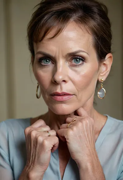 Present, The true reality, full details of the photo, skin texture, woman, grandmother, strict, 62 years old, ((maximally swollen groin)), earrings in the form of large rings, hair tied Cute