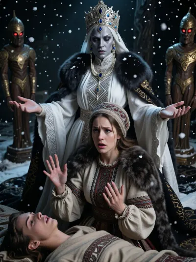 A masterpiece, of the highest quality, in the “dark fantasy” style, on a monumental scale. In the foreground is a mortal Slavic woman, kneeling in deep sorrow, dressed in an antique traditional folk costume, a patterned linen shirt, a heavy woolen coat, and a headdress known as a povoynik. Her hands are raised to her chest in a desperate gesture of supplication, and a tear rolls down her cheek. Before her lies the body of the deceased, wrapped in a traditional shroud. Morana, the ancient Slavic goddess of night, winter, and death, towers majestically above them, accepting their prayer. Morana is a monumental figure with pale skin, wearing a snow-white, heavy gown with silver geometric embroidery and long, flowing sleeves, as well as a rich dark cloak trimmed with thick dark fur. On her head she wears a magnificent kokoshnik, adorned with precious stones and long strands of pearls framing her face. Morana’s hands are raised to her waist, palms facing upward, as she accepts the prayer of a mortal woman. Heavy snowflakes fall slowly from the dark, starless sky. In the background, ancient wooden pagan idols with glowing red eyes are visible—the guardians of the entrance to Nav.