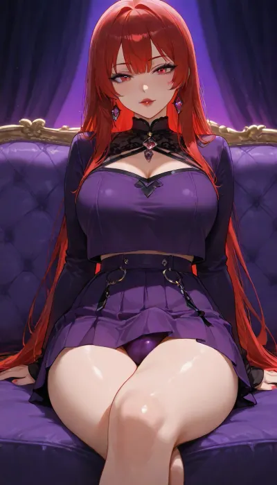 21 year old babe sitting on couch in silk goth costume, flirty sultry slut, ((perfect symmetrical eyes)), dark red lipstick, blue eyeliner, purple pleated skirt crossed legs to show ass cheeks and hint of panties with futa penis bulge, (crossed legs), ((purple costume, purple room)), (((hypersaturated bright colors))), long lustrous hair, green, eyes, blue, brown, perfecteyes, <lora:PerfectEyesXL:2>