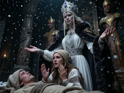 A masterpiece, of the highest quality, in the “dark fantasy” style, on a monumental scale. In the foreground is a mortal Slavic woman, kneeling in deep sorrow, dressed in an antique traditional folk costume, a patterned linen shirt, a heavy woolen coat, and a headdress known as a povoynik. Her hands are raised to her chest in a desperate gesture of supplication, and a tear rolls down her cheek. Before her lies the body of the deceased, wrapped in a traditional shroud. Morana, the ancient Slavic goddess of night, winter, and death, towers majestically above them, accepting their prayer. Morana is a monumental figure with pale skin, wearing a snow-white, heavy gown with silver geometric embroidery and long, flowing sleeves, as well as a rich dark cloak trimmed with thick dark fur. On her head she wears a magnificent kokoshnik, adorned with precious stones and long strands of pearls framing her face. Morana’s hands are raised to her waist, palms facing upward, as she accepts the prayer of a mortal woman. Heavy snowflakes fall slowly from the dark, starless sky. In the background, ancient wooden pagan idols with glowing red eyes are visible—the guardians of the entrance to Nav.