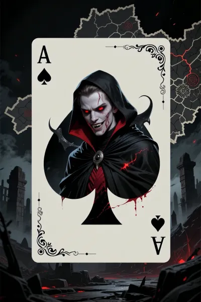 Miura's classic style, an ultra-detailed illustration, full-fledged “Jack of Spades” playing card, in the center is an ominous young fanged vampire in a black cloak with a scarlet selection, pale, emaciated skin, glowing red eyes, Eastern European appearance, threatening pose, Grin, along the edges of the map, decorative patterns and peak symbols, around a dark background with ruins and fog, deep black shadows, heavy cross-shading, ominous hopeless atmosphere, a palette of black and gray tones with a red glow, 8 k, high quality