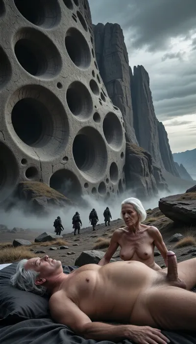 In an outdoor bedroom, an old obese man with a very enormous belly and dishevelled white hair lies on his back. His penis is erect. A naked elderly woman, 90 years old. Her skin is that of a woman her age, deeply wrinkled, (small, long, sagging breasts, thin skin), . She has a bob haircut. a wide-angle, a wide-angle, cinematic shot of a vast, desolate alien landscape. A massive, towering cliff face dominates the frame, textured with irregular, smooth, eroded circular caverns and holes, creating an organic, porous, honeycomb-like appearance. At the base of the cliff, a small group of silhouetted figures in dark, weathered traveling gear walk across a rocky, rugged terrain covered in sparse, dry patches of vegetation. Ethereal, low-hanging mist and fog cling to the ground, obscuring the base of the rock formation. The sky is overcast with heavy, dramatic gray clouds, casting soft, diffused, gloomy light over the scene. Photorealistic, high contrast, dark fantasy atmosphere, intricate rock textures, sweeping scale, masterpiece, 8k, cinematic lighting, sharp focus, epic composition.