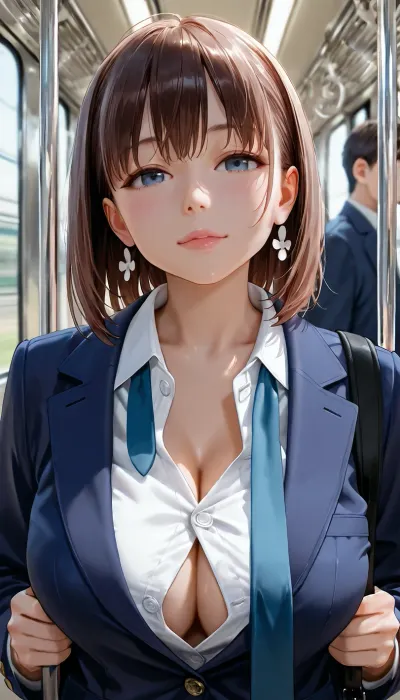 (RAW photo, realistic, ultra-detailed:1.12), photography with a blurred background, getsuyoubi no tawawa, in train, I-chan with loose tie, fluttering Tie, (white blouse with unbuttoned some buttons:1.12), dark blue blazer, (skinny:.8), <lora:anime_sdxl_v1:1.1>, <lora:MK_jiaoqi_xl_v1.1:1.8>