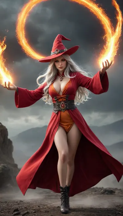 A beautiful girl with big boobs, very long silver hair, nude, shaved pussy, red mage robe, mage hat, A fierce woman stands amidst a stormy battlefield, her eyes ablaze with intensity, With a swift motion, she raises her hands, and brilliant fireballs burst forth from her palms, swirling with crackling energy, The flames flicker with shades of orange and red, casting a fiery glow around her, As she hurls the searing orbs into the air, they streak through the sky like comets, leaving trails of smoke in their wake, The ground trembles with each fiery impact, and the heat from her power radiates outward, warping the air around her, She commands the flames with precision, her every movement fueled by an indomitable will, fire, element, composed, of, elements, Rainbowiridal, Spiral, rainbowiridal, eyes, palette, Shiny..., Bright..., Intense, gaze, Fire, dragon, Amber, cat, Anthro..., woman, Genetically, modified..., <lora:Stunning_eyes_2:.8>