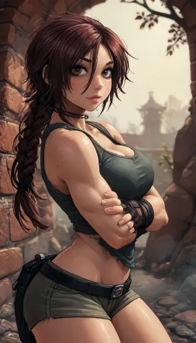 (innv meets jack cayless style), (reiq style, masterpiece, cel-shaded, limited color palette), ((Beautiful Muscles Sexy Lara Croft from tomb raider game body:1.4)), (1girl, solo, alone, 21 year old woman), (gorgeous, seductive face, dark auburn ponytail hair, brown eyes, perfect ads, perfect big breast, muscles are well defined, muscles body, muscles arms, perfect hands, muscles legs, big ass, sweaty body), (tight green tank top), (light brown denim shorts), (fingerless gloves), (shoulder straps), (tactical equipment belt), (tall white socks), (black calf-high boots), (standing pose), (steam, wood, smoke, sauna background:1.1), ultraviolet light, LoL, Style, lineart, line, art, flat, colors, color, tr4d1t10n4l, F1nn1sh, s4un4, <lora:LCMTurboMix_Euler_A_fix:2>, <lora:lineartSDXL:2>, <lora:mk_Bp Anime_xl:2>, <lora:tr4d1t10n4l_F1nn1sh_s4un4:2>