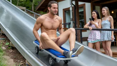 A naked 28 year old man rides a wheeled summer toboggan downhill on a summer toboggan run. He is wearing only sneakers. the sporty man has three-day stubble and an erect penis. He enjoying the rush of air against his naked skin. He is holding onto the summer toboggan with both hands. Rollers are attached to the underside of the summer toboggan instead of runners., (Three women in cute summerdresses are standing outside the toboggan run, resting their arms on its edge. The women look at the naked man approaching them with pleasure. The women have fun and giggle. One woman takes a photo of the man with her mobile phone.), The man's high speed is evident. The man looks at the women with a cheeky smile.