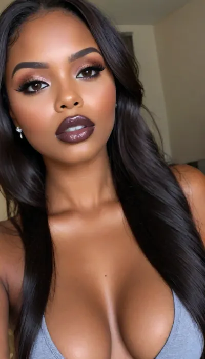 Insanely detailed photo of an 28 years old latin woman, dark skin woman, ((curvy body)), Close-up girl, ((round face)), (((brown skin))), (((full lips))), (((grey lipstick))), small cute nose, standing, face, (((round medium breasts))), (((straight hair))), (((black iron-flattened hair))), (((oiled skin))), (detailed black eyes), (((slut makeup))), round earrings, green necklace, long big thick, (high resolution image), (perfect face), sexy, beauty, (ultra realistic:1.7), (maximum quality:1.5), (high resolution:1.7), (extreme detail:1.5), (ultra realism:1.6), 8k, he, photo was taken by Canon Eos, (maximum detailed skin:1.6), (((I was offended))), melanin, <lora:BUT_SDXL_SHS:.8>, <lora:melanin-XL:2>