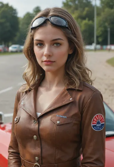 Image from a high-end historical documentary, shot on 35mm Kodachrome film with a soft-toned vintage color palette, 50mm portrait lens, f/2.0 aperture, shallow depth of field, natural and pronounced film grain, raw, unretouched photograph. Photorealistic rendering, 8K resolution, natural skin texture with visible fine pores and realistic micro-details.Medium close-up shot of a stunning 25-year-old female race car driver from the 1920s, posing proudly beside her vintage race car. She has striking, refined European features and long, wavy blonde hair cascading naturally over her shoulders in soft, 1920s-style curls. She wears a fitted, period-accurate racing outfit, a brown leather driving jacket cinched at the waist with gold buttons, beige breeches, and a silk scarf loosely knotted around her neck. In one hand, she casually holds a classic brown leather racing helmet and vintage brass-framed goggles. Her face is rendered with great precision, including realistic highlights in her eyes.Beside her stands a 1920s Mercedes-Benz SSK Grand Prix car, reproduced with meticulous attention to detail, an exposed polished aluminum hood, massive wire-spoke wheels, prominent dual headlights, flexible external exhaust pipes, and a bold white race number painted on the grille.The scene takes place on a classic 1920s Grand Prix starting grid, bathed in the warm, slightly hazy light of late afternoon transitioning into early evening. In the background, wooden grandstands filled with spectators in period attire, canvas pit tents, and a track blending dirt and asphalt stretch into the distance. The warm, direct light of the "golden hour" bathes the scene, creating realistic highlights on the metal bodywork and the texture of the leather jacket, while casting soft, striking shadows. The overall lighting evokes nostalgia and romance—an aesthetic that is authentic and evocative of 1920s motor racing.