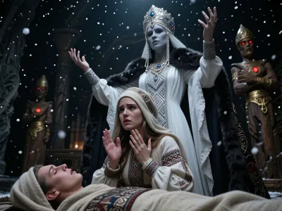 A masterpiece, of the highest quality, in the “dark fantasy” style, on a monumental scale. In the foreground is a mortal Slavic woman, kneeling in deep sorrow, dressed in an antique traditional folk costume, a patterned linen shirt, a heavy woolen coat, and a headdress known as a povoynik. Her hands are raised to her chest in a desperate gesture of supplication, and a tear rolls down her cheek. Before her lies the body of the deceased, wrapped in a traditional shroud. Morana, the ancient Slavic goddess of night, winter, and death, towers majestically above them, accepting their prayer. Morana is a monumental figure with pale skin, wearing a snow-white, heavy gown with silver geometric embroidery and long, flowing sleeves, as well as a rich dark cloak trimmed with thick dark fur. On her head she wears a magnificent kokoshnik, adorned with precious stones and long strands of pearls framing her face. Morana’s hands are raised to her waist, palms facing upward, as she accepts the prayer of a mortal woman. Heavy snowflakes fall slowly from the dark, starless sky. In the background, ancient wooden pagan idols with glowing red eyes are visible—the guardians of the entrance to Nav.