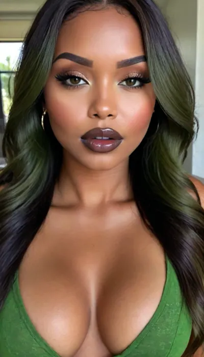 Insanely detailed photo of an 28 years old latin woman, dark skin woman, ((curvy body)), Close-up girl, ((round face)), (((brown skin))), (((full lips))), (((green olive lipstick))), small cute nose, standing, face, (((round medium breasts))), (((straight hair))), (((green olive hair))), (((oiled skin))), (detailed black eyes), (((slut makeup))), round earrings, green necklace, long big thick, (high resolution image), (perfect face), sexy, beauty, (ultra realistic:1.7), (maximum quality:1.5), (high resolution:1.7), (extreme detail:1.5), (ultra realism:1.6), 8k, he, photo was taken by Canon Eos, (maximum detailed skin:1.6), (((I was offended))), melanin, <lora:BUT_SDXL_SHS:.8>, <lora:melanin-XL:2>