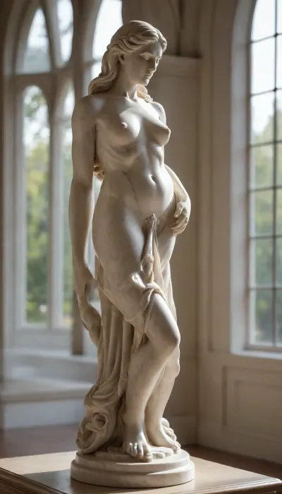 ((A beautifully crafted marble sculpture of a fertility goddess)), classical style, set within a warm, sunlit room. The sculpture showcases exquisite artistry, with smooth, flowing lines and realistic anatomical details, capturing the intricacies of the human form. It features long hair cascading down the back, elegantly poised limbs, and masterful use of light and shadow that gives the figure a lifelike and dynamic presence. In the background, large arched windows offer a glimpse of a blurred urban landscape outside. The setting is reminiscent of a classical art studio or gallery, where art and natural light coexist, enhancing the beauty and serenity of the scene.