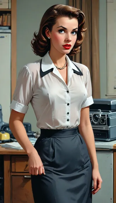 (in Mort Künstler art style), (in style of old vintage comics from 1930-1950s), competent secretary, 1950's outfit, sheer white blouse, (massive nipples sticking under clothes:1.2), black skirt, 1950's pinup style photo, (1950s entourage and setting:1.6), (1950s vintage color photography:1.6), full-body view, <lora:comix-000013:1.4>, <lora:CoMIX:1.4>, <lora:Comic_XL_V2:.5>, <lora:BUT_SDXL_SHS:1.4>