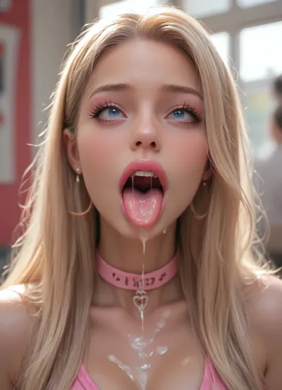 (long hair:1.5), earrings, (sexy:1.5), (ahegao:1.5), (tongue out), (photorealism:1.5), (bimbo:1.8), closeup, (drool:1.5), (cum:1.6), choker, rich, wide eyes, happy