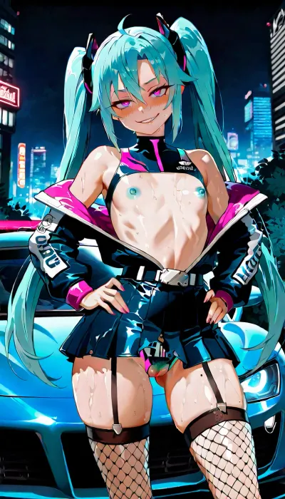 asuna yuki sword art online in a torn, tight racing suit with a matching short pleated skirt, wide open crazy eyes, crazy scary yandere face smile, 'Racing suit' style, standing confidently before a sleek sports car, with a distant cyberpunk city skyline glowing behind her in the dimly lit garage, neon lighting. Long teal twin-tails flowing over her shoulders. The racing outfit is ripped open at the crotch, exposing a thick, full bush of pubic hair and a visible wet pussy. The top is torn, leaving her unrealistically flat chest tits, breasts completely bare with erect nipples. The skirt is pushed up and partially torn, revealing black fishnet stockings ripped, garter straps undone. Edgy goth punk aesthetic, confident and seductive pose—hands on hips, legs slightly spread, head tilted with a playful smirk. Soft blush on cheeks, glossy lighting, reflections from the city lights, gritty garage background fading into a sprawling urban horizon with towering neon skyscrapers. Highly detailed, explicit, uncensored, cinematic composition, ultra high quality, 4k.