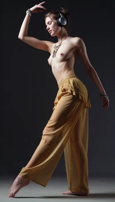 An avant-garde studio portrait captured from a low angle. The subject is a 20-year-old woman with a messy updo and petite physique but wide hips, her expression one of quiet modesty and confidence. She stands in profile against a undefined dark background . The composition highlights the contrast between her elegantly placed legs and pointed toes and elegantly placed arms as classic ballet dancing gestures, bare footed —and the raw, natural vulnerability of her physique. She is topless wearing wide baggy translucent golden pants and reveals her flat natural chest. Pale, luminous skin. Modern wireless black-silver headphones.The lighting is directional and moody, casting soft shadows that define the curves of her body and the sheer texture of the fabric. Photorealistic, hyper-detailed, cinematic lighting, anatomical precision.photographic poetry.full body. Legs elegantly placed.listening to music.wearing tribal necklace, anklets, bracelets .