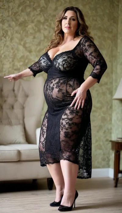 a mature, tall thick voluptuous ssbbw woman aged 50 years, milf, large hips, ((large saggy pear shaped boobs)), large long nipples, wearing a loose lace see through dress, full body image, <lora:Saggo_XL:1.9>, <lora:clothed_small:1.3>