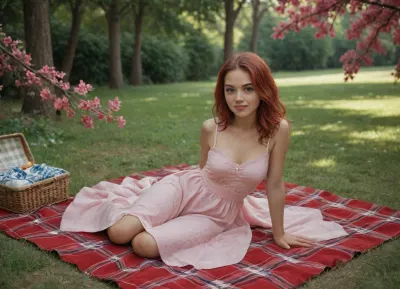 18 year old, red hair, cute, small body, very tanned, pink summer dress, picnic, large red blanket, grassland, trees in the background