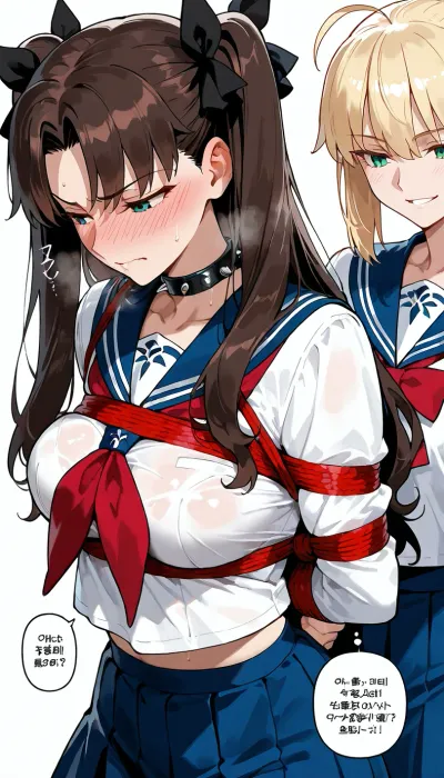 (masterpiece, best quality, manga style), 2girls, artoria_pendragon and a brunette rin_tohsaka from fate/stay_night, rin tied up in a school uniform with ropes, artoria standing behind her holding the ropes, rin blushing heavily, rin with a spiked collar, artoria looking down at rin with a smirk, Japanese manga panel style, text bubbles, white background, explicit, nsfw.