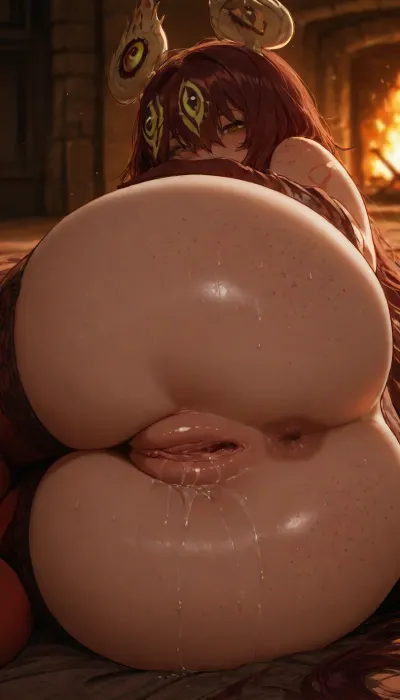 (Bright lighting:1.3), (extremely long hair:1.9), (Pussy juice:1.9), (Labia majora:1.9), (Reddened pussy:1.9), (body freckles:1.2), (extremely detailed pussy:1.9), POV, Ass focus, On side, Masterpiece, Perfect face, Perfect eyes, Perfect hands, Bright emerald eyes, Dark maroon hair, Lying on her side, Look at viewer, fingers on labia, lace underwear, long maroon gloves, fireplace background, intimate light