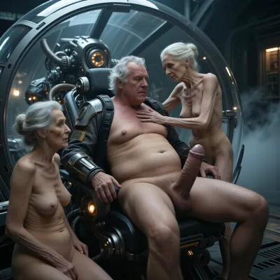 In an outdoor room, an obese old man with a huge belly and disheveled white hair sits on his back. His enormous penis is erect. Two elderly, naked, and stout women, around 90 years old, are also present. Their skin, marked by wrinkles, (small, long, sagging breasts, thin skin), is that of women their age., (One of the women is masturbating the man:1.9), meters tall., cinematic view, a person sitting inside a futuristic spherical glass cockpit of a complex mechanical spacecraft, sci-fi pilot, intricate mechanical details, metallic textures, glowing lights, pilot gear, hazy and misty atmosphere, gloomy moody lighting, highly detailed industrial design, volumetric fog, cinematic composition, photorealistic, 8k resolution, detailed shadows, dark science fiction style, Giger-esque aesthetic, deep depth of field, sharp focus on the cockpit.