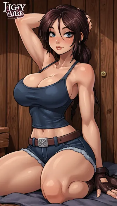(innv meets jack cayless style), (reiq style, masterpiece, cel-shaded, limited color palette), ((Beautiful Muscles Sexy Lara Croft from game body:1.4)), (1girl, solo, alone, 21 year old woman), (gorgeous, seductive face, perfect ads, perfect big breast, muscles are well defined, muscles body, muscles arms, perfect hands, muscles legs, big ass, sweaty body), (blue tight tank top), (brown denim shorts), (fingerless gloves), (shoulder straps), (two pistols), (tactical equipment belt), (tall socks), (black high boots), (full body in view sexy pose), (inside sauna background), ultraviolet light, LoL, Style, Lara, Croft, <lora:LCMTurboMix_Euler_A_fix:2>, <lora:mk_Bp Anime_xl:2>, <lora:EnvyBeautyXL02:2>, <lora:lara_croft_xl_v2:2>, <lora:Ppolar-P3v1-NbVp10:2>