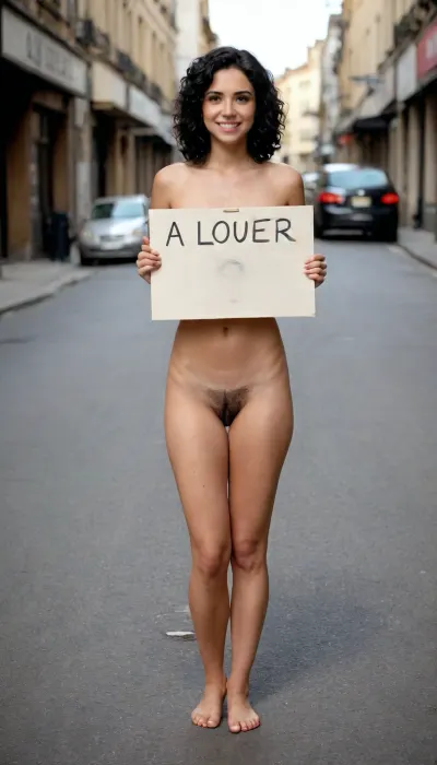 beautiful, smile, full body, natural hairy pussy, natural pubis, full bush, black hair, naked, sad face, holding sign saying, (((à louer))), on the street, PEHoldingSign, <lora:textxl:.5>, <lora:PE_HoldingSign:.8>