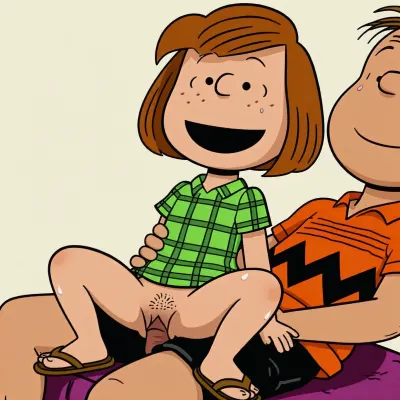 A cartoon illustration in the style of Charles M. Schulz, featuring Peppermint Patty having vaginal sex with Charlie. Patty has short, reddish-brown bobbed hair with side-swept bangs and freckles across her nose. Her face features simple black dot eyes, a curved smile revealing a wide open mouth, and raised eyebrows conveying joy. She wears a bright green plaid short-sleeve shirt underneath naked paired with brown flip-flops.
She has Charlies penis in her vagina, having sex with a Charlie, depicted with his signature orange shirt adorned with a black zigzag pattern, reverse cowgirl, leaning back, fucked from behind, (((man's hands on her abdomen))), legs down, sex on Casting Couch, The scene is rendered with bold outlines and flat coloring, with sweat droplets indicating exertion or heat. The color palette is limited, dominated by skin tones, orange, green, and black, against a light background. The composition is a close-up shot, emphasizing the characters' expressions and interactions. The mood is suggestive and intimate.