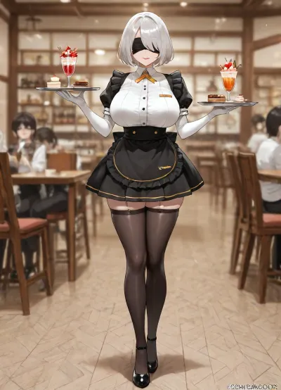 Yorha 2b, (full body), (black blindfold, waitress, standing, serving customers, looking straight ahead, holding_one_serving_tray, drinks, desserts), many customers are sitting in the background talking to each other, (waitress_uniform, skirt, no_hat), (curvaceous), (club_atmosphere, vibrant_colors, solo_focus), (pink_lipstick, smiling, black_eyeshadow, slight_blush), (shiny_skin, intricate details, depth of field, absurdres)