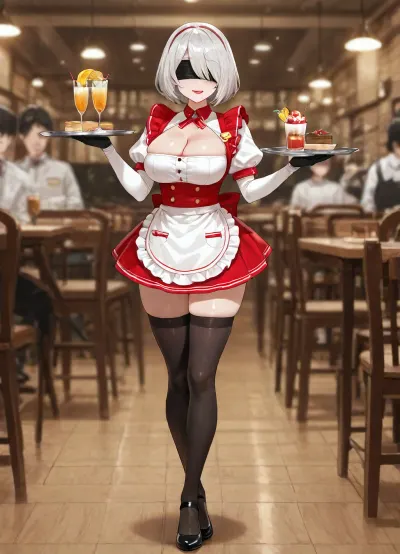Yorha 2b, (full body), (black blindfold, waitress, standing, serving customers, looking straight ahead, holding_one_serving_tray, drinks, desserts), many customers are sitting in the background talking to each other, (waitress_uniform, skirt, no_hat), (curvaceous), (club_atmosphere, vibrant_colors, solo_focus), (pink_lipstick, smiling, black_eyeshadow, slight_blush), (shiny_skin, intricate details, depth of field, absurdres)