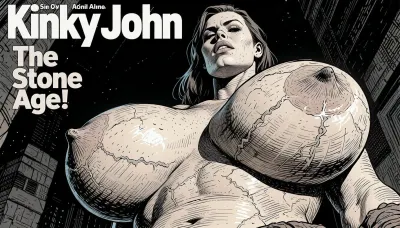 Close up, Magazine "Kinky John" "The Stone Age!" Massive Tits, Gigantic Tits, A huge woman from the stone age. The style is gritty, noir, and highly stylized, (detailed pen and ink sketch:2), extremely stylized background, An illustration in a bold, graphic style, (Sin City), dim lighting, The artwork uses soft-contrast linework and cross-hatching for texture and depth, with a stark, graphic quality reminiscent of French adult comix. The lighting is implied through strong shadows and line work, creating a dramatic, theatrical mood. The overall style is illustrative, with exaggerated proportions and a focus on narrative and character interaction. low angle, close up, POV