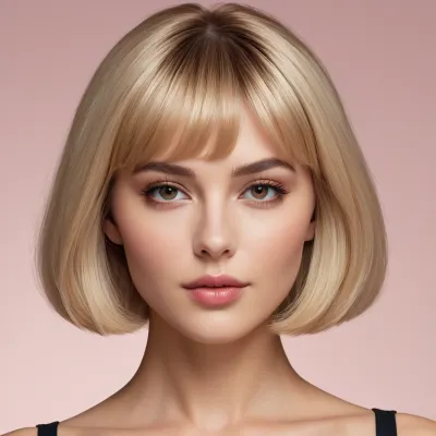 Photorealistic portrait of a woman 40 age with fair skin, a compact soft oval face, smooth jawline, and a small rounded chin. Medium-sized slightly almond-shaped eyes, dark medium-thickness eyebrows, a straight аккуратный nose of medium-short length, and naturally shaped lips with the lower lip slightly fuller than the upper lip. Calm, friendly expression with a subtle closed-mouth smile. Short light-blonde hair with bangs, softly framing the face. Feminine compact body type with a defined waist, rounded hips, and fuller legs. Natural proportions, realistic anatomy, realistic skin texture, soft facial asymmetry, authentic human appearance, natural lighting, high detail, realistic hair strands, photorealistic style.

Negative prompt, different woman, altered identity, generic face, oversized eyes, round eyes, thin eyebrows, overly arched eyebrows, tiny nose, upturned nose, enlarged lips, lip filler, sharp jawline, pointed chin, angular face, long hair, glamorous hairstyle, slim model body, exaggerated hourglass figure, unrealistic proportions, heavy makeup, beauty filter, plastic skin, waxy skin, airbrushed skin, doll face, anime, illustration, CGI, 3D render, stylized portrait short graduated bob with wispy bangs, light ash-beige blonde, darker natural roots.