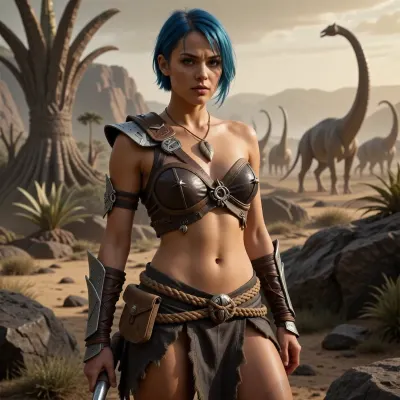 A young woman with short, vibrant blue hair, a slender androgynous physique, and a confident expression as observed from Picture 2, stands tall and poised in a prehistoric landscape. She wears a detailed outfit crafted from textured leather and bone armor, featuring reinforced straps woven between sturdy knots and a belt made from braided tendons. A pendant of smoothed pterosaur bone hangs around her neck, and wrist guards of flattened plates protect her arms.

She poses with a dominant stance, one hand resting near her waist pouches while the other holds a tool, showcasing her muscular androgynous frame. Her face is illuminated by soft, natural light, highlighting her direct gaze and the intricate details of her primal attire. The background features a vast, rocky terrain with towering prehistoric flora and a distant herd of large, long-necked dinosaurs under a hazy, ancient sky.

The scene is rendered in a photorealistic style with cinematic lighting, deep focus, and high contrast. The atmosphere is one of survival and mastery over the wild environment, capturing a moment of quiet power amidst the primeval world. 32K resolution, intricate details, octane render, realistic textures.