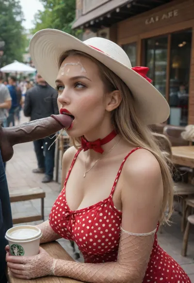 (full clothes 3men, blowbang:1.3), (side view:1.2), Sexy German blonde mature cum whore, ((in polka dot dress)), gold necklace, (blowjob:1.3), sitting at the table, (eyes contact), slutty smirk, half-open mouth, perfect small tongue, (cum dripping from tongue:1.3), perfect 5 fingers, (fishnet thin gloves:1.2), red nails, huge heavy makeup, red lipstick, very good hair, (white sunhat with red bow:1.4), dark skinned African man side standing of woman, full clothed dark skinned man ejaculating sperm into her drinking coffee cup, side view, big ejaculation penis, (man's ejaculation big black penis is located directly above her coffee cup), (cum dripping in coffee cup:1.4), (ejaculation:1.3), (white cum on forehead:1.3), (cum on hair:1.3), (full sperm from man's big penis flows down into the drinking cup with coffee:1.2), (living public cafe outdoor, very much public background:1.4), (queue of many men to whore woman:1.3)
