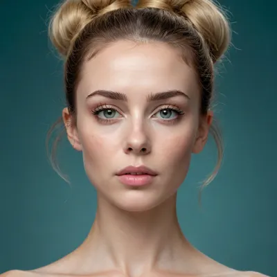 beautiful sexy slender 40 year old blonde woman posing naked, photorealistic 8k hyper-detailed anatomical portrait photograph, long oblong/oval facial structure, high height-to-width ratio, sculpted high zygomatic bones with subtle volume, fluid tight mandibular line with clean open gonial angle, narrow delicate acuminate chin with clear anterior projection, precise vibrant green irises with complex natural patterns, medium-large eye size proportionate to face dimensions, standard inter-ocular distance of exactly one eye width, centered within orbits, precise almond shape, defined supraorbital ridge, visible clean upper eyelid crease, finely sculpted thin eyebrows, horizontally-oriented subtly naturally arched starting from clear inner point, natural hair texture, long narrow perfectly straight nasal bridge with fine defined bone structure, long well-sculpted philtrum with two clearly defined central ridges, tight pronounced Cupid's bow on upper lip, (proportioned lips 1.5:1), lower to upper ratio, natural rose-pink color, fine-textured skin showing natural pores, light scattering of subtle natural freckles across mid-face and cheeks, light brown messy high bun hairstyle, metallic silver hoop earrings as seen in image_8.png, direct front-facing close-up portrait composition, plain deep teal sarcelle velvet studio fabric background, soft natural-feeling studio lighting sculpts facial planes, reveals precise anatomical details, no harsh shadows, high-resolution, sharp focus