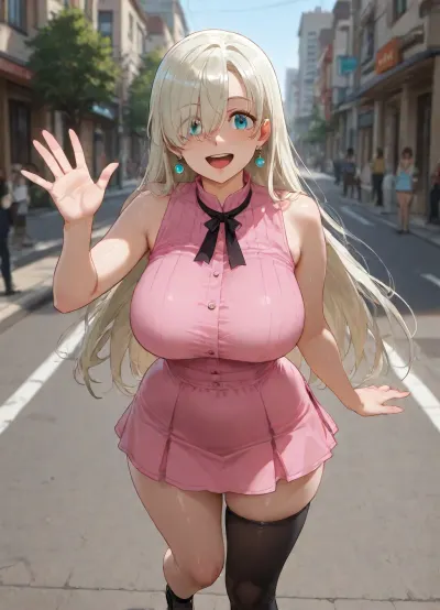 Elizabeth Liones, 1 female, solo focus, on the street, happy, smiling, shouting, waving, first date, looking at viewer, front view, medium full shot, athletic body type, curvaceous, big breasts, casual clothes, black stocking on one leg, visible veins under the skin