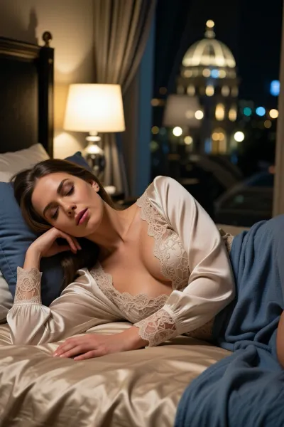 Photographie d'art intime sur le thème "What's going on in a hotel room?", prise de nuit avec un objectif vintage Helios 85mm f/1.5 pour un flou d'arrière-plan artistique au bokeh tourbillonnant caractéristique. Rendu sur pellicule Kodak Portra 400 pour des teints de peau chauds, des hautes lumières douces et un grain fin authentique. Netteté rasoir sur le visage du sujet, définition 8K.

Un plan très serré et intime, cadré sur le buste, le nez de l'objectif placé directement en face du modèle. Une femme à la beauté slave saisissante, au visage de très belle Russe aux traits fins, dort d'un sommeil très profond et serein, allongée sur le côté dans un grand lit d’hôtel design parisien. Elle est glissée sous les couvertures, le drap en satin beige et la couverture bleue sont rabattus au niveau de sa taille, couvrant entièrement son corps jusqu'au'en haut de la taille. Elle est habillée d'une superbe chemise de nuit haute couture en soie fluide et dentelle fine, profondément décolletée. L'une de se mains, finement détaillée et dans une position naturelle, se trouve près de sa tête, tenant l'oreiller pour lui servir d'appui. L'autre main est à plat sur le drap du dessous. Son visage au repos absolu exprime une quiétude totale, avec des pommettes hautes sculptées, de longs cils sombres reposant sur une peau sans défaut, et des lèvres doucement closes. C'est surtout la beauté de son visage et sa sérénité que le photographe a cherché à saisir. Elle a oublié de se démaquiller, épuisée au moment de se coucher, laissant même la lumière allumée.

La lumière est douce, tamisée, provenant d'une lampe de chevet. Juste à côté du lit, à travers une fenêtre aux rideaux de velours entrouverts, le dôme illuminé en d'or de l'Hôtel des Invalides à Paris se découpe nettement dans la nuit noire. Cette lueur dorée extérieure traverse la vitre et vient éclairer délicatement le profil du visage, le tissu de la chemise de nuit et l'oreiller. Une atmosphère nocturne, sombre, paisible, luxueuse et intimiste.