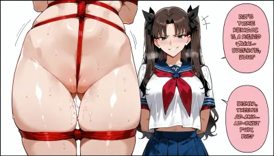 (masterpiece, best quality, manga style), 2girls, artoria_pendragon and a brunette rin_tohsaka from fate/stay_night, rin tied up in a school uniform with ropes, artoria standing behind her holding the ropes, rin blushing heavily, rin with a spiked collar, artoria looking down at rin with a smirk, Japanese manga panel style, text bubbles, white background, explicit, nsfw.