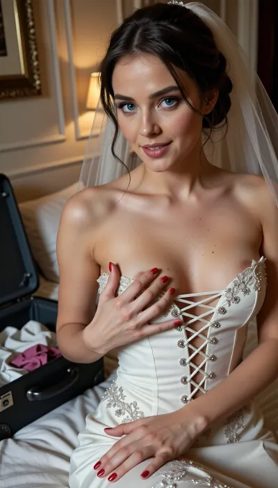A very tight shot framing the chest and face, captured with a 50mm f/1.4 lens zeiss planar mounted on a rolleiflex, creating a smooth bokeh. The image evokes a vintage 50mm film aesthetic and illustrates the theme "What's going on in a hotel room?"" The scene takes place in a Venetian hotel room with classic, luxurious décor, the subject is seated on a bed with rumpled sheets.

An elegant young woman wears a sophisticated hairstyle typical of a bride on her wedding night. Her large, perfectly symmetrical blue eyes sparkle with desire, they catch the light beautifully and are rendered with exquisite detail, as is her subtle makeup. As she undresses, she undoes the laces of her wedding dress corset with one hand, her fingers are holding the laces of the corset delicately at the tips to finish untying the luxurious corset, which is adorned with small gemstones. The corset is already beginning to open wide as she works on the laces. The photographer has paid special attention to the graceful movement of her hands, with her fingers grasping the laces naturally, realistically, and precisely.

An open suitcase on the bed holds a few scattered garments. Her finely detailed fingernails are painted a beautiful red. A playful, mischievous smile hints at her desire to go much further, yet for now, she takes her time, letting the desire build. She has already revealed her bosom, with her nipples visible above her exquisite lingerie. She also wears a sheer tulle veils, completing the ensemble typical of a young bride. The texture of her skin is incredibly detailed and catches subtle highlights.

The lighting is warm, typical of early evening, artificial light casting shadows that are high-contrast yet soft and warm. The background offers a glimpse of the luxurious decor of her hotel room.