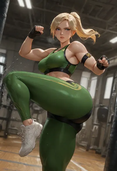 masterpiece, best quality, absurdres, newest, highres, very aesthetic, 1girl, solo, mature female, adult, sonya blade, (mortal kombat), blonde hair, blue eyes, ponytail, swept bangs, athletic, toned, muscular female, medium breasts, narrow waist, thick thighs, green sports bra, midriff, green leggings, black buruma, armband, fingerless gloves, black gloves, white sneakers, kicking, high kick, leg up, dynamic pose, punching bag, hitting punching bag, focused expression, determined, gym, gymnasium, indoor, exercise equipment, detailed background, cinematic lighting, dynamic angle, motion blur, detailed face, detailed eyes, intricate details, highly detailed