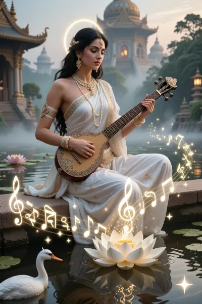 A breathtakingly beautiful depiction of Saraswati, the Hindu goddess of wisdom, music, art, and learning, seated gracefully on a luminous white lotus beside a serene temple pond. She is elegant, divine, and radiant, with a calm, intelligent, compassionate expression, long dark flowing hair, and refined Indian features. She wears a flowing white sari with delicate gold embroidery, pearl and gold jewelry, and a soft glowing halo. In her hands she plays a beautifully ornate veena. From the veena’s strings, visible streams of golden musical energy spiral outward and transform into glowing Sanskrit calligraphy, white lotus petals, swans, tiny stars, and delicate patterns of light, as if her music is creating beauty and knowledge in the world around her. A graceful white hamsa stands in the shallow water nearby. The setting is dreamy and divine, with soft dawn light, mist, reflections in the water, and a sacred, ethereal atmosphere. Highly detailed, cinematic, majestic, spiritual, elegant composition, rich ornamentation, harmonious colors, divine feminine beauty, Indian mythological art with a refined semi-realistic or painterly look.