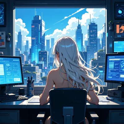 A vibrant 2D anime illustration of a woman with long, flowing platinum blonde hair seated at a desk, viewed from behind, as she gazes out a massive window overlooking a sprawling futuristic cityscape. Rendered in clean cel shading with crisp bold linework and brilliant high-chroma colour, her bare shoulders and back are softly illuminated against the backdrop of towering blue and white skyscrapers under a bright sky. The interior is dominated by glowing blue digital displays and monitors casting a cool, electric light onto the dark office furniture and the woman's pale skin. The overall mood is contemplative and high-tech, featuring a cohesive palette of bright sky blues, stark white clouds, and deep indigo city tones, captured with polished modern key-visual quality, crisp and energetic.