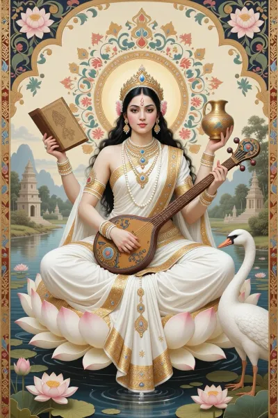 A magnificent traditional Indian mythological painting depicting Saraswati, the Hindu goddess of wisdom, music, art, and learning, rendered with the richness, elegance, ornamentation, and devotional atmosphere of classical Indian sacred painting. Saraswati appears as an exceptionally beautiful and serene Indian goddess with a radiant white complexion, graceful features, calm intelligent eyes, and long flowing dark hair. She wears an elaborate flowing white sari decorated with intricate gold borders, fine traditional jewelry, pearls, ornamental necklaces, bracelets, earrings, and a delicate golden crown.

Saraswati has exactly four graceful arms arranged clearly and harmoniously. Her four hands hold her sacred attributes, an ancient book, a prayer rosary, a traditional water pot, and an exquisitely decorated veena.

She sits upon a large blooming white lotus beside a tranquil sacred lake filled with lotus flowers. A graceful white hamsa swan stands beside her. Behind her is an ornate decorative halo surrounded by stylized floral patterns, lotus motifs, delicate foliage, temple-inspired ornamentation, and an idyllic sacred landscape. Fine decorative borders and intricate patterns frame the composition.

Rich hand-painted texture, delicate brushwork, elegant stylization, traditional Indian decorative aesthetics, elaborate textile patterns, graceful proportions, harmonious composition, devotional beauty, luminous white and gold garments contrasted with jewel-like natural colors, exquisite detail, timeless sacred atmosphere, sophisticated classical mythological illustration.