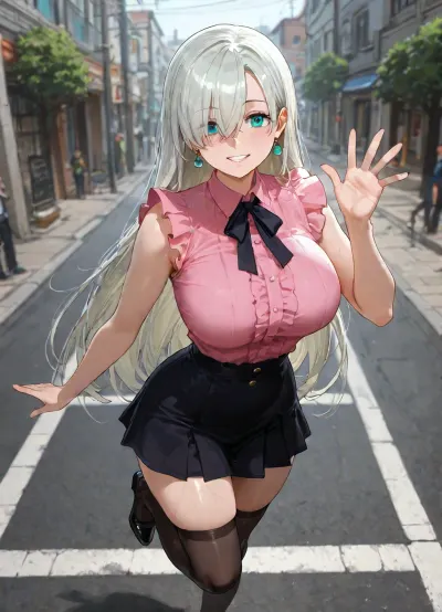 Elizabeth Liones, long straight silver hair, 1 female, solo focus, on the street, happy, smiling proudly from ear to ear, showing teeth, waving, first date, looking at viewer, front view, medium full shot, athletic body type, curvaceous, big breasts, casual clothes, black stocking on one leg, visible veins under the skin