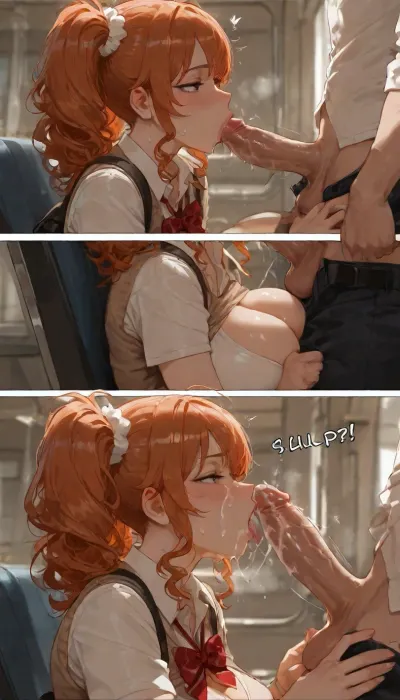 Very skinny woman with huge tits is sitting in a buss seat. Public transportation. Ponytails and frizzy hair. Profile. Sideboobs. Massive cleavage. Curly hair., dressed in a school uniform. The woman is giving a man a blowjob. Make the picture as a page from a comic book., woman, sucking, a, cock, <lora:WTS - WhatTheSuck. - v1:.8>, the man cum all over the woman’s tits.