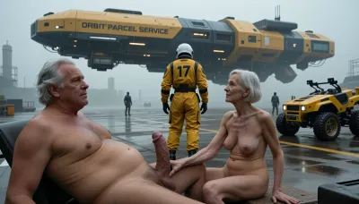 In an outdoor room, an obese old man with a prominent belly and disheveled white hair is sitting on his back. His penis is erect. Two elderly, naked, and stout women, around 90 years old, are also present. Their skin, marked by wrinkles, (small, long, sagging breasts, thin skin), reflects their age., (One of the women with a bob-cut hairstyle performs masturbation on the man:5), (masterpiece, top quality, best quality:1.2), cinematic view, a lone astronaut in a yellow tactical spacesuit with the number '17' on the back, standing on a wet, rainy landing pad, viewed from behind, looking up at a massive, hulking, yellow and dark gray industrial spaceship hovering just above the ground, the ship has the text "ORBIT PARCEL SERVICE" clearly written on its side, a rugged yellow futuristic rover parked to the right, other figures visible in the misty, foggy background, industrial sci-fi aesthetic, gritty texture, moody atmospheric lighting, overcast sky, wet reflective concrete ground, hyper-detailed, cinematic composition, futuristic technology, post-apocalyptic vibe, shot on 35mm lens, depth of field, sharp focus on the astronaut.