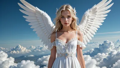 (((high quality, high resolution, perfect faces)), a beautiful blonde angel, blue eyes, angel wings, long white gown, on top of the clouds, (petite, skinny), lesbian, look at viewer)